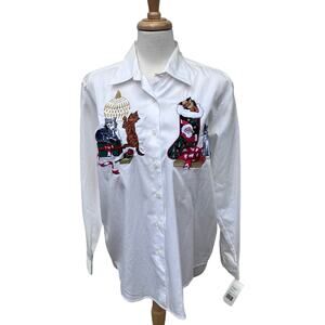 VTG Rafaella Shirt Sz L Cute Cats‎ Holiday Christmas White Embroidered Button Up
